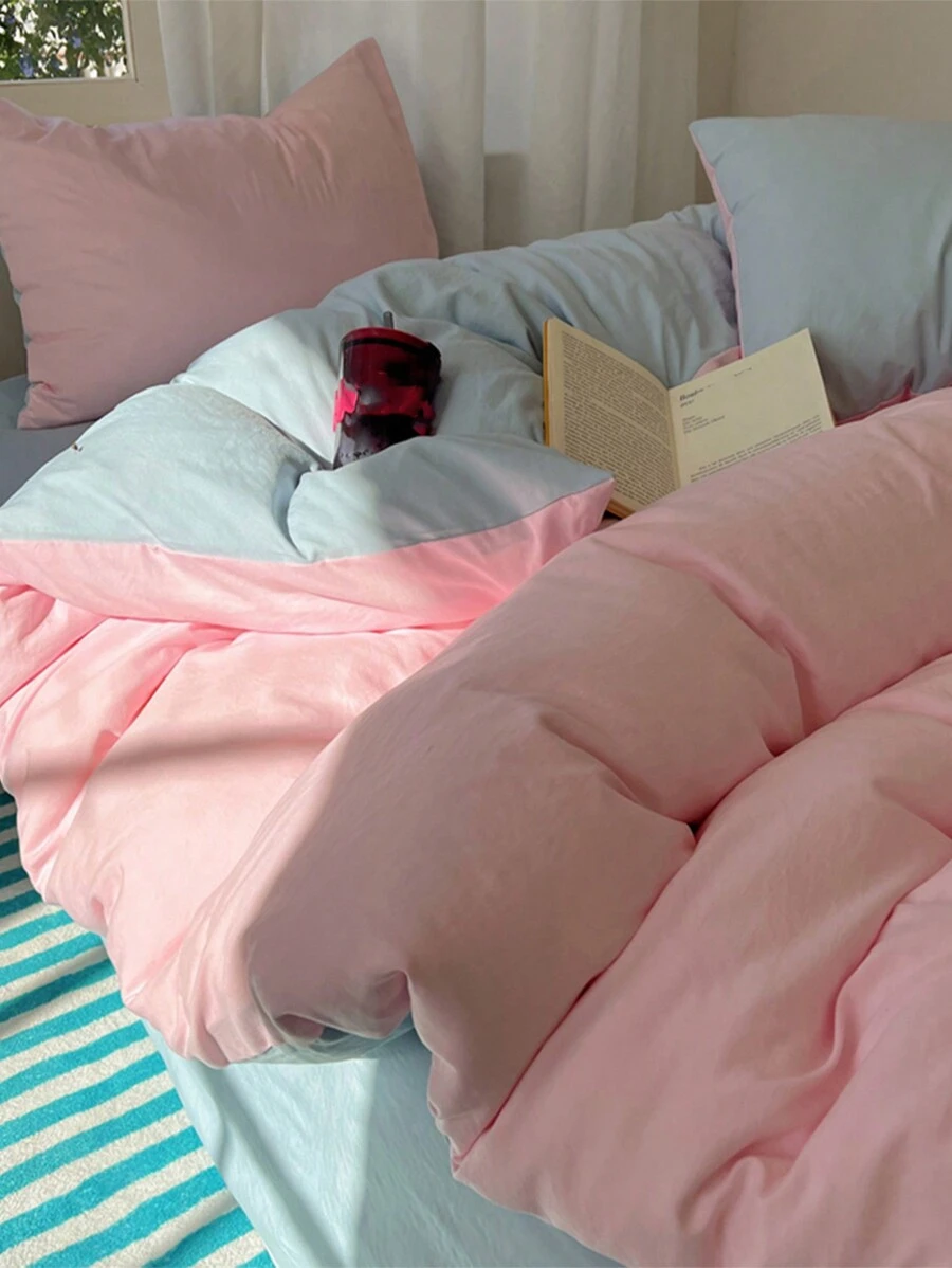3 件套粉色和浅蓝色床上用品套装，柔软羽绒被套和 2 个枕套，无填充物，可机洗 - 粉色 - 查看 1