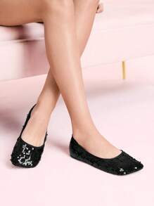 CUCCOO DOLLMOD Asymmetric Toe Flat Black Mesh Bead Embellished Fashionable Party Minimalist Flat Shoes For Women, Autumn/Winter Valentine's Day