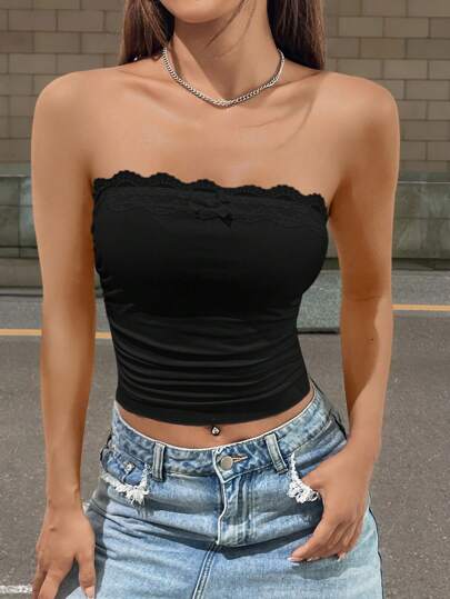Sweetina Casual Black Contrast Lace Ruched Tube Top