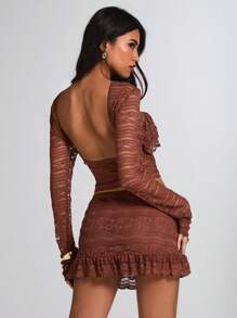 SHEIN BAE Traje elegante de dos piezas, encaje de pastel, color marrón, ropa de verano, para uso diario, citas, viajes, discoteca, fiesta, trajes de encaje elegantes, atuendos de club para mujer, disfraces de Halloween, atuendos de playa para mujer, vestido de Día de San Valentín, conjunto de verano de dos piezas