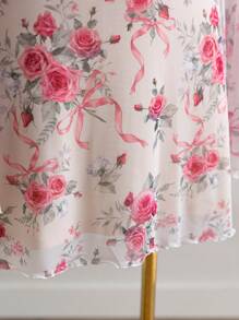 Soleia Plus Size Women's Resort Spring V-Neck Floral Print Mesh Ruffle Trim Flare Long Sleeve Mini Dress - Multicolor - View 4