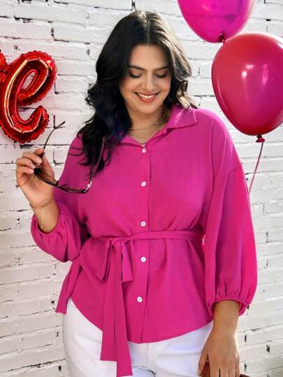 SHEIN LUNE Camisa de Estilo de Día de San Valentín con Lazo Anudado a la Cintura, Manga Farol, Casual y Cómoda, Talla Grande, Decoración de Corazón y Rosa para Día de San Valentín, Ropa de Primavera, Ropa de Verano, Atuendo de Primavera para Mujer, Atuendo de Vacaciones para Mujer