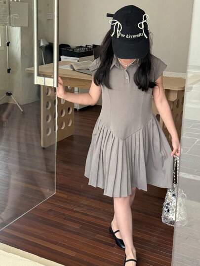 Dazy Kids Tween Girl 纯色纽扣细节褶皱休闲短袖连衣裙