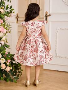 SHEIN Glamorique Kids 复活节花童、生日派对、婚礼礼服 - 女孩公主裙、短袖、前蝴蝶结、提花花卉图案、红色，适合特殊场合、舞台表演、派对、拍照 - 所有季节 - 紅色 - 查看 2
