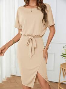 SHEIN Clasi 女士休闲简约开叉蝙蝠袖连衣裙，夏季 - 杏色 - 查看 3