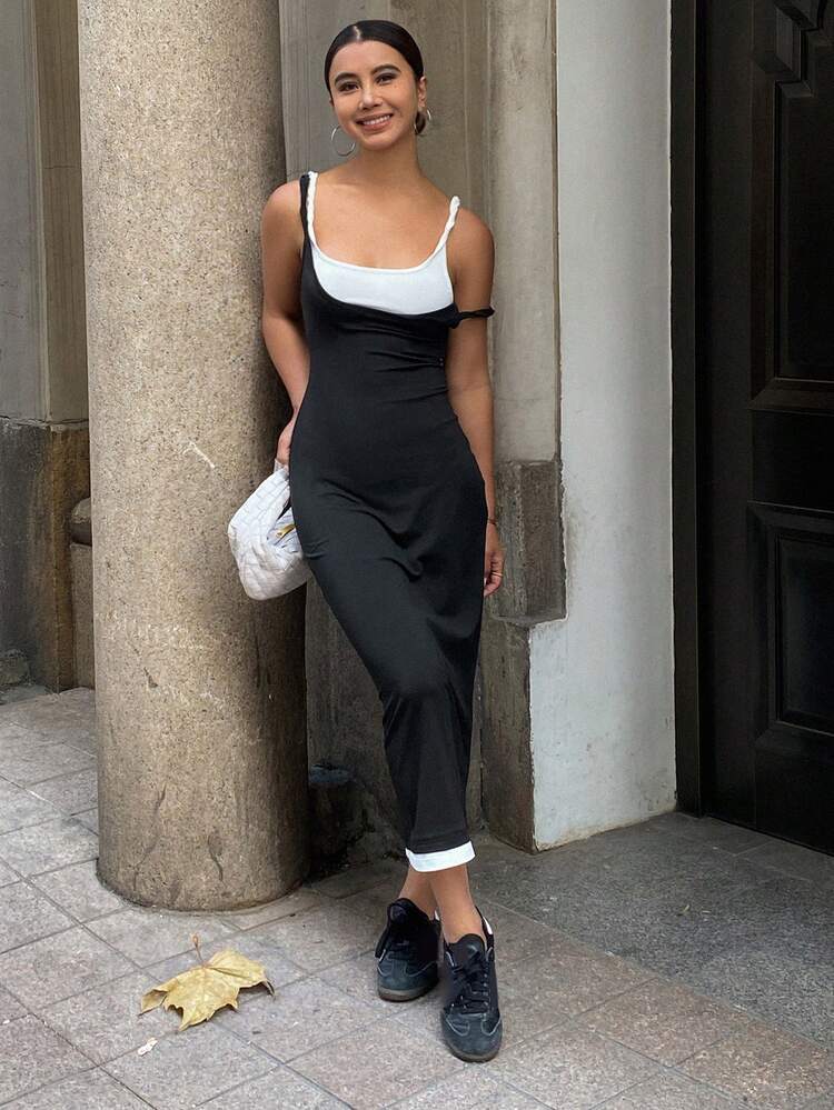 Color Block Splicing Mock 2 Pieces Slim Fit Sling Dress, Casual Sports Long Dress For Women, Summer Sundress Maxi Dress