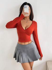 SHEIN EZwear Damen einfarbiges, lässiges T-Shirt mit verdrehtem Kragen, Langarm, figure-betont