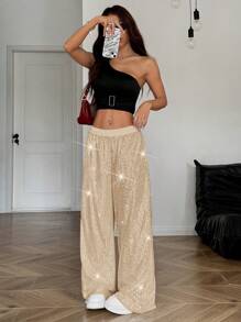 SHEIN EZwear Pantalones sueltos con lazo delantero y lentejuelas a la moda para fiesta
