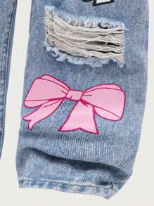 Denimly 女童休闲时尚校园街头风格蝴蝶结和字母印花设计松紧腰拉链破洞直筒牛仔裤