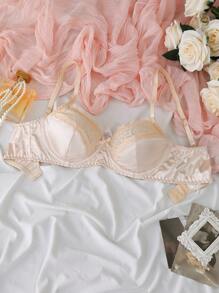 Women's Plain Lace Edge High Support Built-In Wire Lingerie Bra - Apricot - View 6