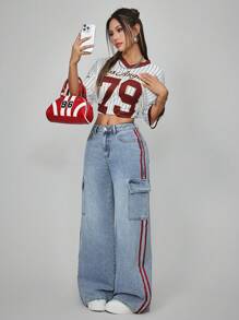 SHEIN EZwear Women's Solid Color Patchwork Front Button Casual Jeans, Everyday Wear - Blue - View 4