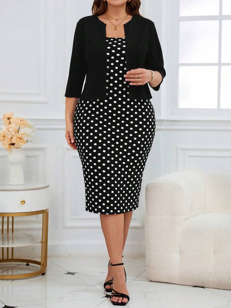 SHEIN Clasi 2pcs/Set Plus Size Polka Dot Print Fitted Dress & Solid Color Blouse,Spring Clothes - Black and White - View 1