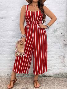 SHEIN VCAY Plus Size Boho Casual Stripe Navy Long Jumpsuit, For Summer - Burgundy - View 5