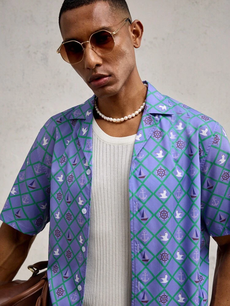 Men's Woven Patterned Print Casual Short Sleeve Shirt, Suitable For Summer