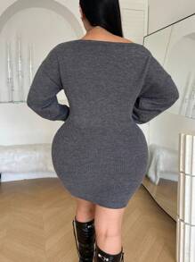 SHEIN Clasi Elegant Plus Size Solid Color Asymmetric Collar Long Sleeve Knit Sweater Dress - Dark Grey - View 2