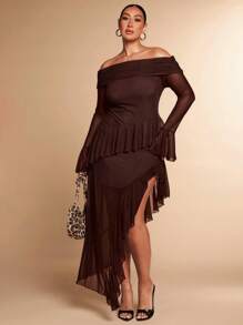 SHEIN BAE Plus Size Women's Spring Autumn Winter Solid Black Mesh Tulle One Shoulder Ruffle Decoration High Slit Hem Long Dress, Elegant Sexy Dress, Sweet Dress, Romantic Date Dress, Valentine's Day Dress, New Year Dress, Festival Dress, Party Dress - Coffee Brown - View 6