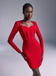SHEIN Belle Elegant And Romantic Red Knitted Stretch Fabric Long-Sleeved Corset Waist Slim Fit Birthday Party Resort Cocktail Dress, Wedding Guest Dress - Red - View 4