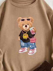 SHEIN Women's Cute Cartoon Bear Pattern Sweatshirt 2pcs/Set - Mocha Brown - View 5