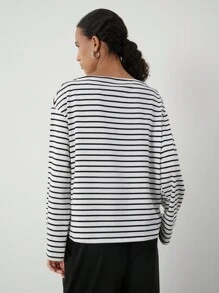 SHEIN BASICS 女士休闲条纹针织圆领长袖宽松 T 恤 - 黑與白 - 查看 2