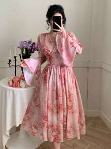 Wynsel Women's Elegant Ditsy Floral V-Neck Ruffled Hem Mid-Length Dress, Spring/Fall Long Sleeve Dress Easter - Pink - View 5