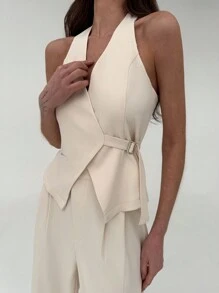 Aloruh New Simple Solid Color Apricot Sleeveless Neck Halter Waist Vest And Straight Leg Pants 2 Pieces Set, Suitable For Office Commute And Outdoor Wear - White - View 1