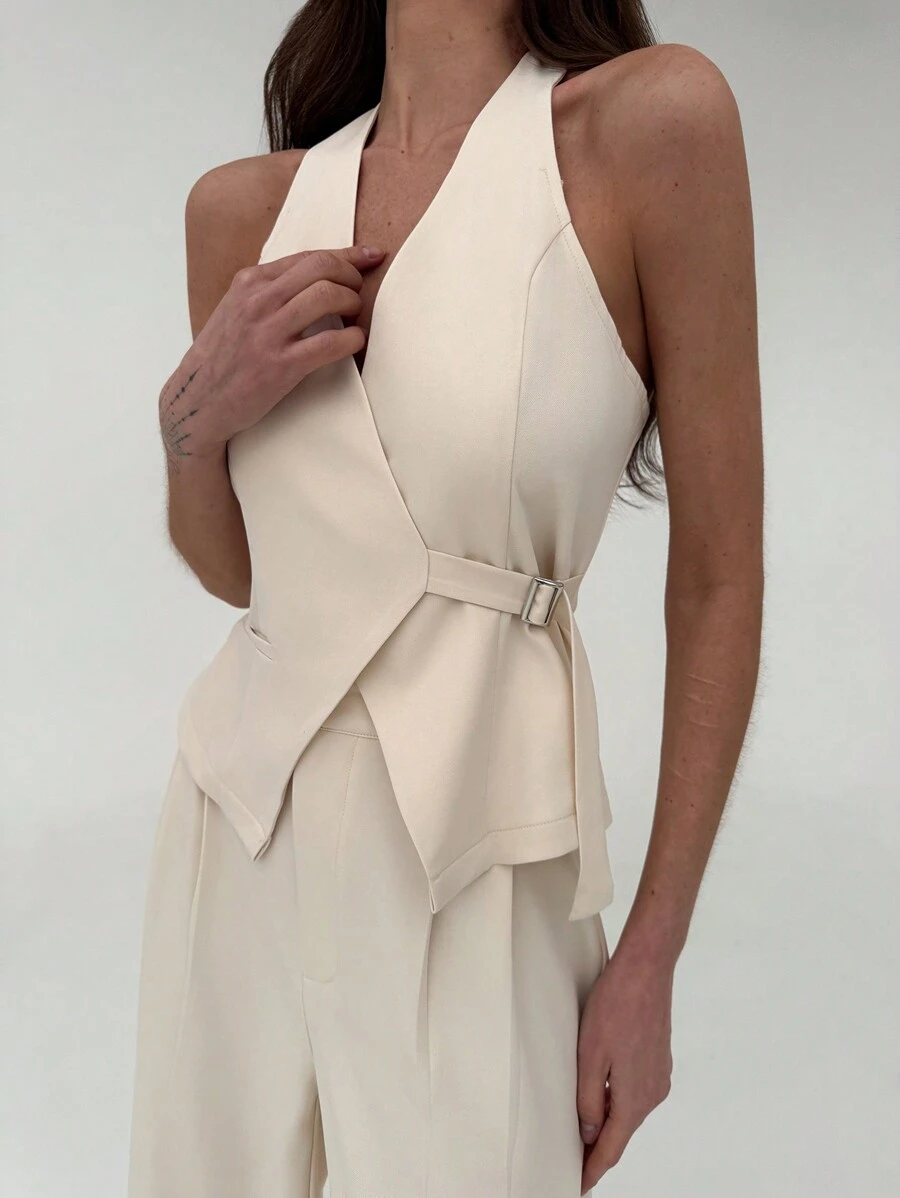 Aloruh New Simple Solid Color Apricot Sleeveless Neck Halter Waist Vest And Straight Leg Pants 2 Pieces Set, Suitable For Office Commute And Outdoor Wear - White - View 1