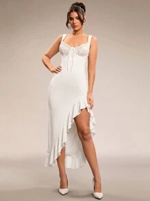 SHEIN BAE Elegant Sexy Women's Lace Patchwork High Slit Ruffle Hem Dress, Suitable For Girlfriend Gathering, Party, Spring Outing, Romantic Vacation