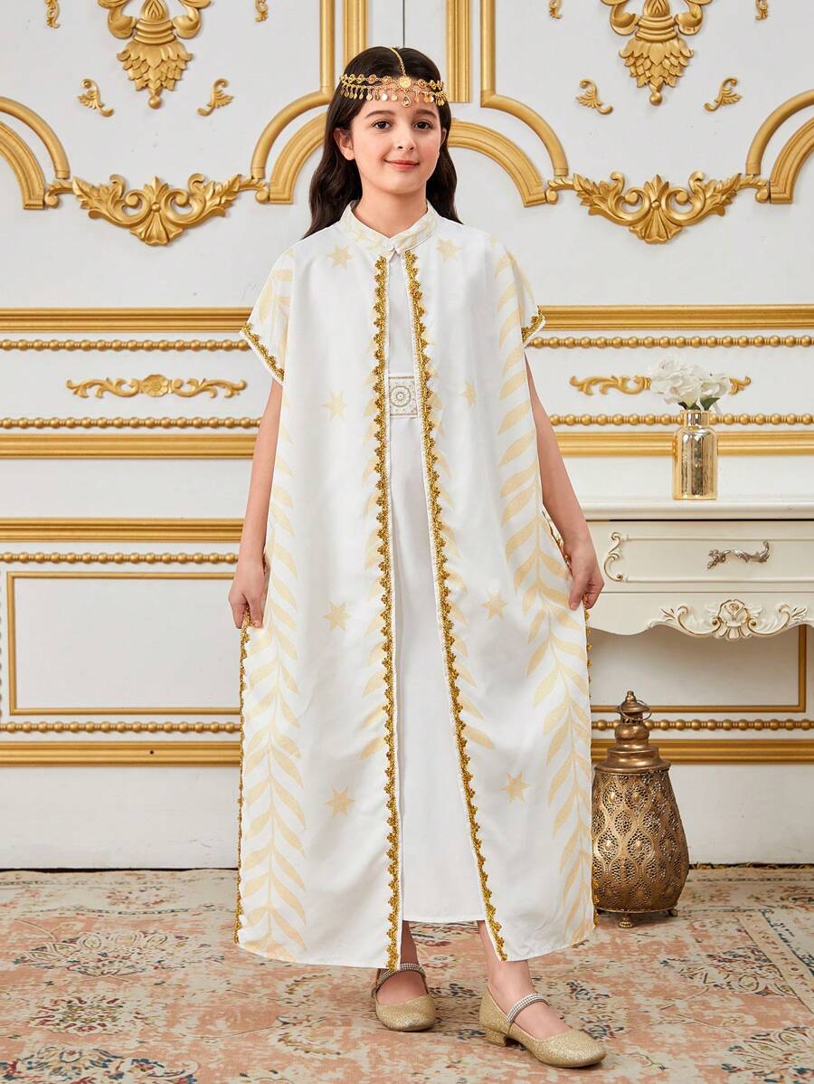 Tween Girls Metallic Edge Pattern Stand Collar Jacket & White Dress With Metallic Edge Belt, 2 Pieces Set - White - View 1