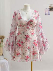 Soleia Plus Size Women's Resort Spring V-Neck Floral Print Mesh Ruffle Trim Flare Long Sleeve Mini Dress - Multicolor - View 3