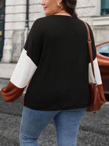 SHEIN LUNE Plus Size Casual Contrast Color Round Neck Lantern Sleeve Sweatshirt, Autumn Plus Size Fall Clothes - Rust Brown - View 2