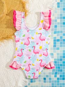 SHEIN Young Girl Flamingo Print Ruffle Trim One-Piece Swimsuit - Multicolor - View 2