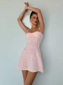 Aloruh Vestido camisero ajustado con detalles de pequeña copa, escote con adorno floral, corte evasé, en color rosa pálido. Vestido elegante para mujer, apropiado para uso en resort, verano