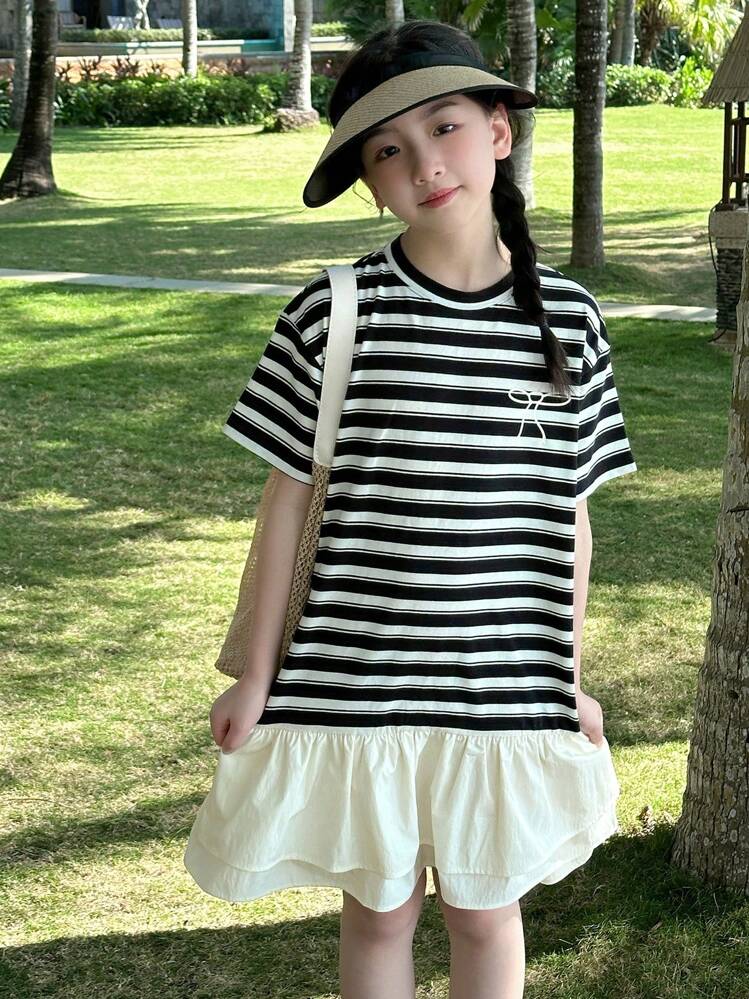 Tween Girls Striped Ribbed Crew Neck Short Sleeve Bow Print & Fish Hem Dress, Summer - Black and White - View 4