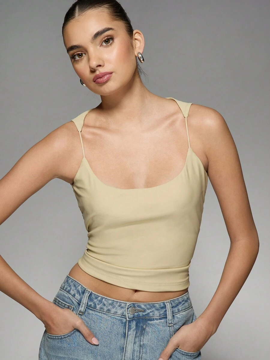 MISSGUIDED Sleeveless Cami Top Fitted Spaghetti Strap Basic Tank Essential Cropped Summer Camisole Smooth Stretch Layering Piece Vintage Y2K Style - Khaki - View 1
