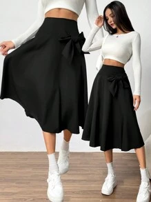 Elegant Minimalist Black Woven Skirt With Detachable Bow Decoration For Teenage Girls, High Waist Design Suitable For Spring And Summer, Versatile To Match Blouse, T-Shirt, Polo Shirt, Great For Valentine's Day,Holiday,Summer,Travel - Black - View 7