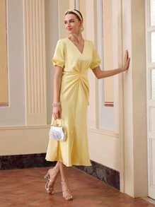 ZEYLAH 褶饰泡泡袖斜裁连衣裙 - 黃色 - 查看 5