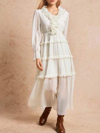 Poéselle 女士米色优雅夸张荷叶边领口收腰 A 字下摆连衣裙 - 女士西式服装、女士优雅连衣裙、情人节连衣裙、新娘单身派对服装、女士太阳裙、度假连衣裙、外出连衣裙、乡村音乐会连衣裙