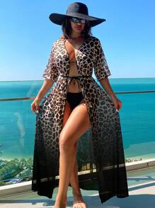 Swim Vcay Women's Spring/Summer Leopard Ombre Print Tie V-Neck Half Sleeve Beach Robe Kimono - Multicolor - View 1