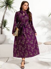 Mulvari Plus Size Casual Full Print Shirt Dress For Spring & Autumn, Elegant A Line Dresses, For Casual Daily/Travel/Work/Party