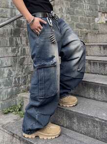 Manfinity EMRG Men's Casual Water-Washed Loose Fit Cargo Jeans - Blue - View 6