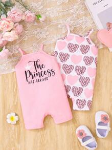 2pcs Set Baby Girls Sweet & Cute Casual Soft Knit Heart & Princess Letter Graphic Sleeveless Romper , Comfortable For Indoor Or Outdoor Wear, Spring/Summer - Pink - View 1