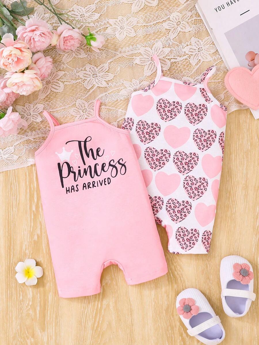 2pcs Set Baby Girls Sweet & Cute Casual Soft Knit Heart & Princess Letter Graphic Sleeveless Romper , Comfortable For Indoor Or Outdoor Wear, Spring/Summer - Pink - View 1