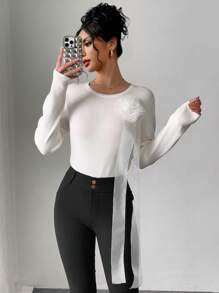 Chiquease Women's Elegant Solid Color 3D Flower Draped Sweater, Autumn/Winter Knit Pullover Fall - White - View 6