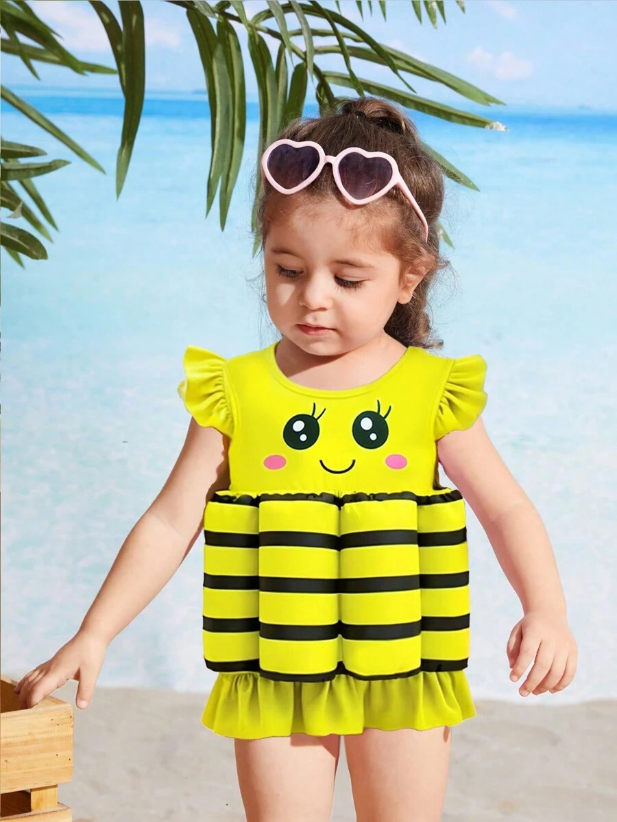 SHEIN Baby Girl Printed Sleeveless Casual Top, Fashionable Everyday Swimwear (Placement Print) - Yellow - View 1