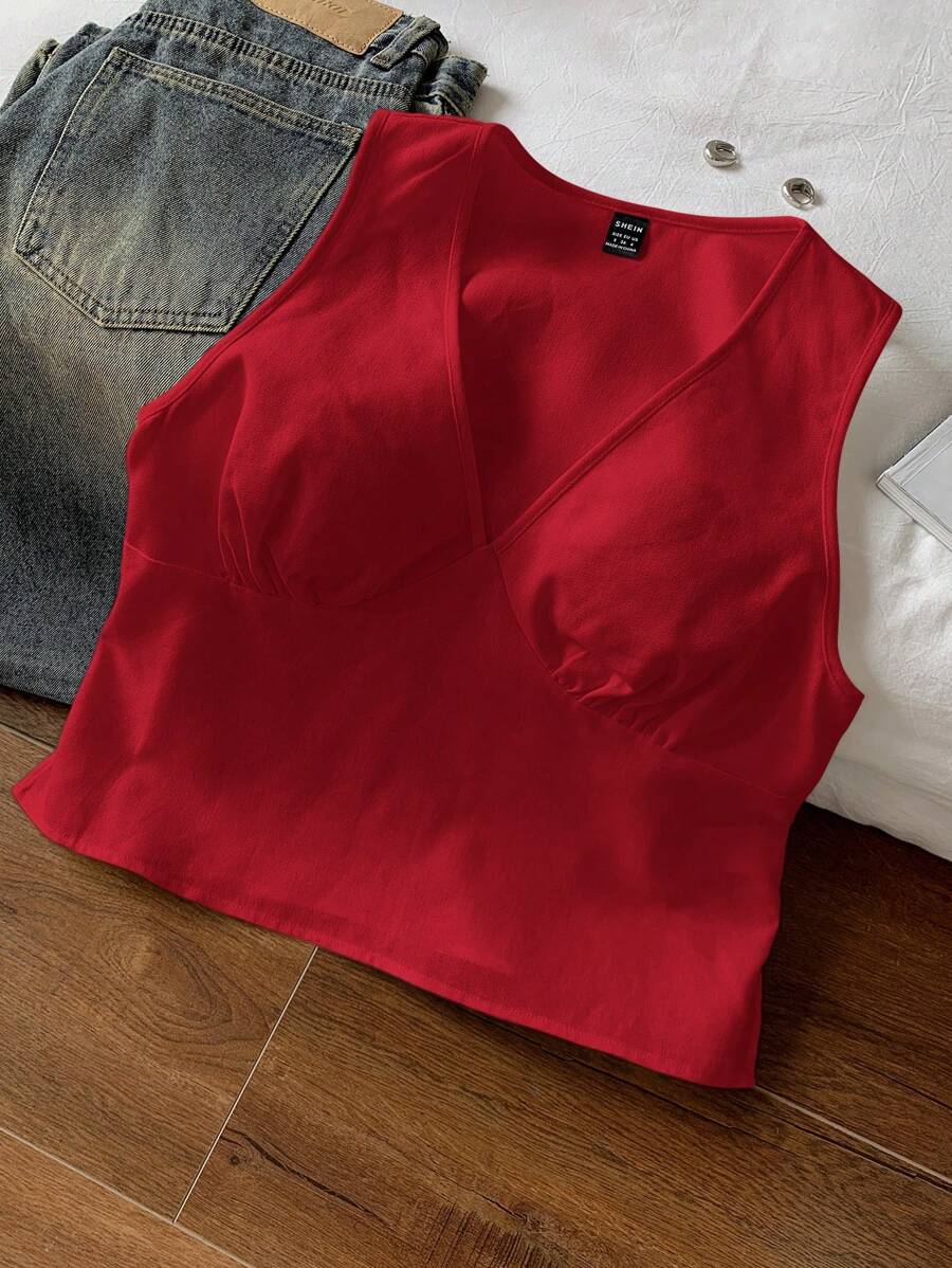 Comfortcana Áo ba lỗ không tay cổ chữ V đơn giản, đa năng dành cho nữ, màu đỏ - Đỏ - Xem 1