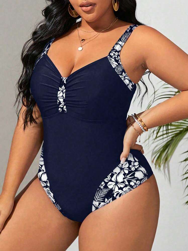SHEIN Swim Curve Plus Size Vacation Beach Floral Print Patchwork Spaghetti Strap One-Piece Swimsuit Summer - Navy Blue - View 3
