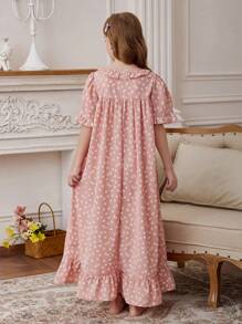 SHEIN Tween Girl Korean Style Simplistic Ditsy Floral Pattern Ruffle Trim Half Placket Round Neck Short Sleeve Loose Comfy Casual Nightgown - Baby Pink - View 4