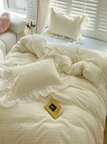 简约清新格子荷叶边羽绒被套装，秋季装饰，秋季装饰，房间装饰