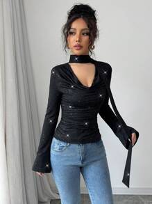 Elenzga Camiseta de mujer de punto con cuello alto y brillos de nueva moda
