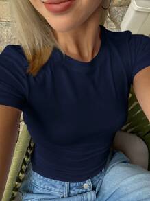 Livesso Camiseta de mujer de manga corta y ajuste ceñido de unicolor con cuello redondo para el verano, ropa de vuelta al colegio - Azul Marino - Ver 1